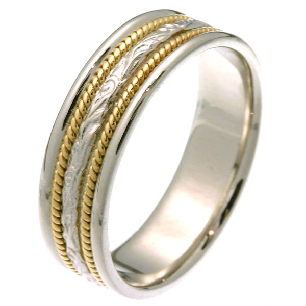 Item # 27541 - 14 kt two-tone gold hand carved 6.0 mm wide comfort fit wedding band. The ring is hand carved in the center and one rope lies on each side of the carved portion. It is 6.0 mm wide and comfort fit. The finish in the center is matte and the outer edges are polished. Different finishes may be selected or specified. 