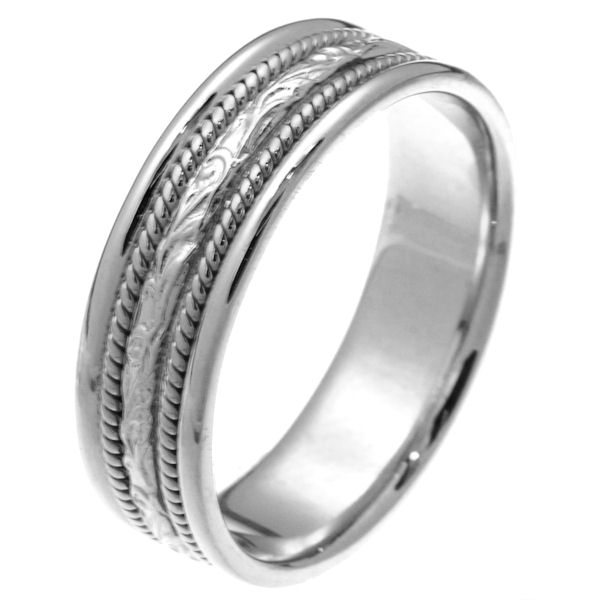 Item # 27541PP - Platinum hand carved 6.0 mm wide comfort fit wedding band. The ring is hand carved in the center and one rope lies on each side of the carved portion. It is 6.0 mm wide and comfort fit. The finish in the center is matte and the outer edges are polished. Different finishes may be selected or specified. 