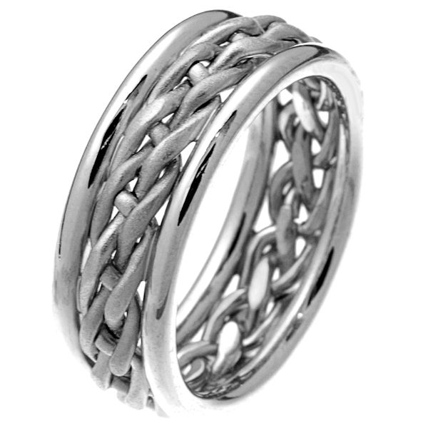 Item # 28781WE - 18 kt white gold hand braided comfort fit 8.0 mm wedding band. The white gold are beautifully braided in the center with a sandblasted finish. It is 8.0 mm wide and comfort fit. The outer edges are polished. Different finishes may be selected or specified. 