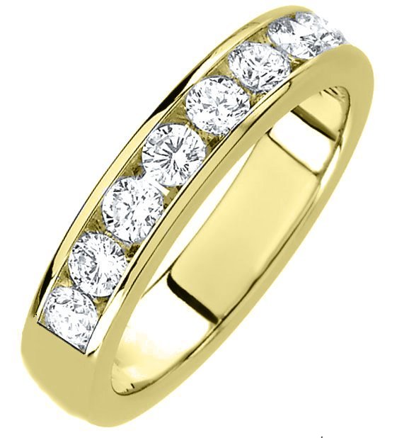 Item # 3001011E - 18K yellow gold, diamond band. The 4.0 mm wide band set in channel holds 9 diamonds with total weight of approximately 1.0 ct. The diamonds are graded as VS in clarity G-H in color. The finish is polished. Different finishes may be selected or specified. 