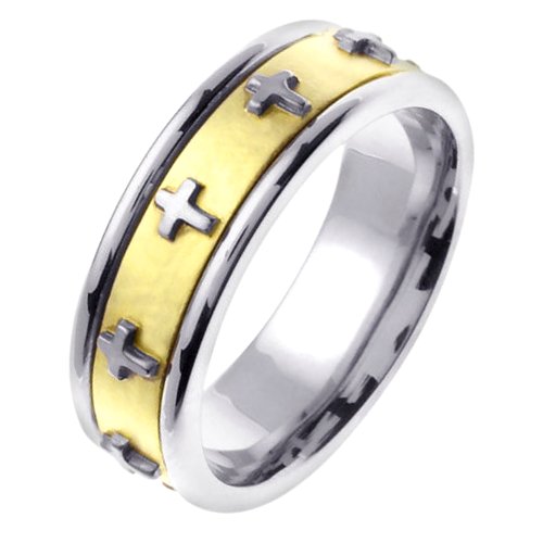 Item # 46104E - 18 Kt two-tone gold,  7.0 mm wide, comfort fit wedding band. The band has crosses all the way around the center spinning band. The center of the ring is a coarse sandblast finish and the outer edges are polished. Different finishes may be selected or specified. 