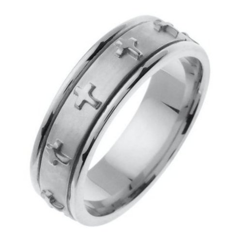 Item # 46107WE - 18K white  gold,  7.0 mm wide, comfort fit wedding band. The band has crosses all the way around the center spinning band. The center of the ring is a coarse sandblast finish and the outer edges are polished. Different finishes may be selected or specified. 