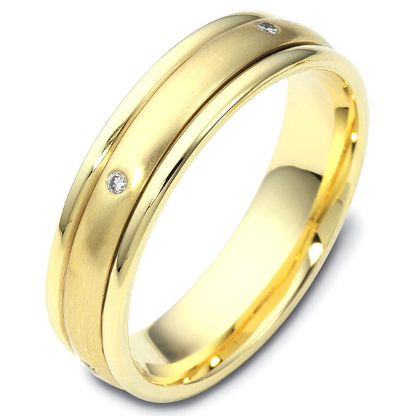 Item # 46934 - 14kt Yellow gold spinning diamond, comfort fit, 4.0mm wide wedding band. The ring has 0.05 ct tw diamonds that are VS1-2 in clarity and G-H in color. There are 5 round brilliant cut diamonds, each measures 0.01 ct. The center of the band rotates and has a matte finish. The edges are polished. Different finishes may be selected or specified. 