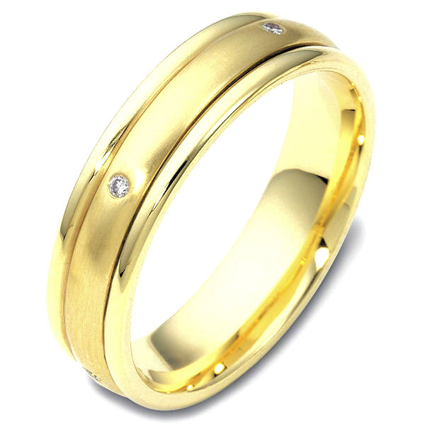 Item # 46934E - 18kt Yellow gold spinning diamond, comfort fit, 4.0mm wide wedding band. The ring has 0.05 ct tw diamonds that are VS1-2 in clarity and G-H in color. There are 5 round brilliant cut diamonds, each measures 0.01 ct. The center of the band rotates and has a matte finish. The edges are polished. Different finishes may be selected or specified. 