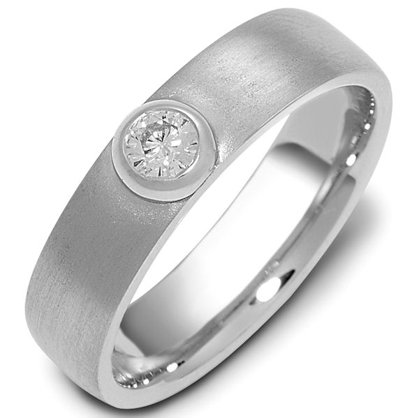 Item # 47147W - 14kt White gold diamond, comfort fit, 5.0mm wide wedding band. The ring holds one round brilliant cut diamond that is 0.15 ct, VS1-2 in clarity and G-H in color. The ring has a sandblast finish. Different finishes may be selected. 