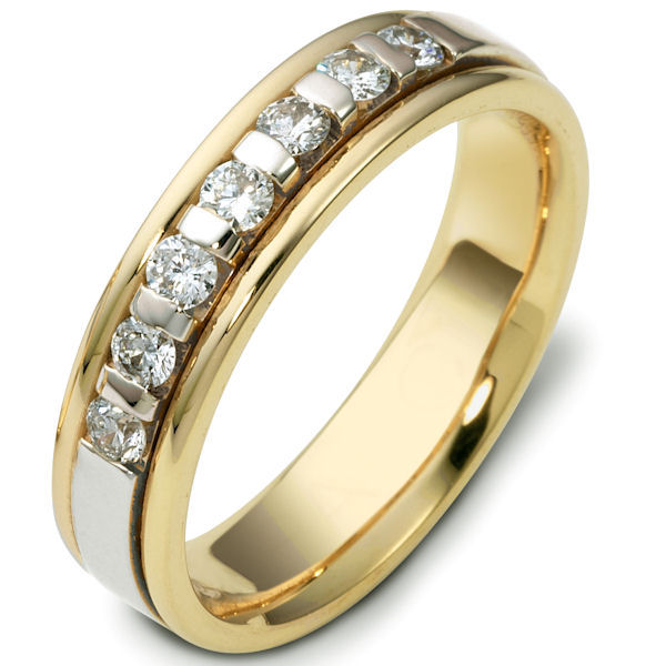 Item # 47243NA - 14kt Two-tone gold diamond, comfort fit, 4.5mm wide wedding band. The ring has approximately 0.28 ct tw diamonds, VS1-2 in clarity and G-H in color. There are 7 round brilliant cut diamonds and each measures about 0.04 ct. It is 4.5mm wide and comfort fit. The center is brushed and the rest of the ring is polished. Other finishes may be selected or specified.