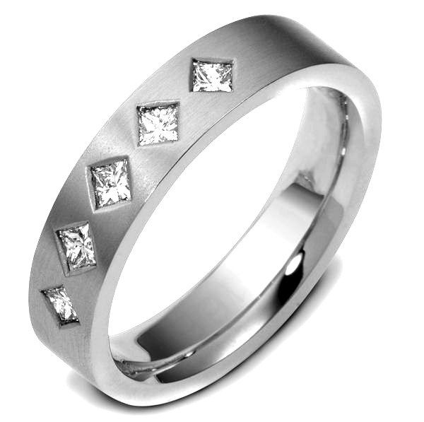 Item # 47341PD - Palladium diamond, comfort fit, 5.5mm wide wedding band. The ring has approximately 0.50 ct tw diamonds, VS1-2 in clarity and G-H in color. There are 5 princess cut diamonds and each measures 0.10 ct. The ring is matte finish, 5.5mm wide and comfort fit. 