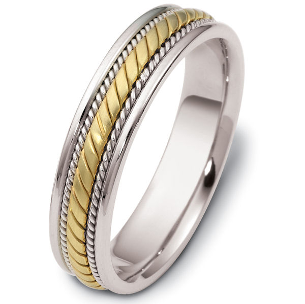 Item # 47554 - 14kt Two-tone gold hand crafted, carved, comfort fit, 5.0mm wide wedding band. The center portion is carved and has a matte finish. There is one rope on each side of the center portion with a polished finish. The rest of the band is polished. Different finishes may be selected or specified. 