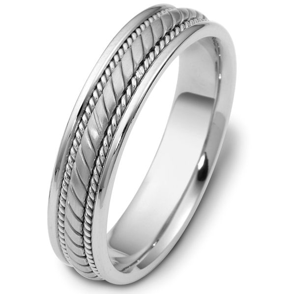Item # 47554W - 14kt White gold hand crafted, carved, comfort fit, 5.0mm wide wedding band. The center portion is carved and has a matte finish. There is one rope on each side of the center portion with a polished finish. The rest of the band is polished. Different finishes may be selected or specified. 