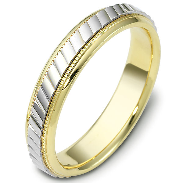 Item # 47555E - 18kt Two-tone gold classic, comfort fit, 5.0mm wide wedding band. The ring has a carved pattern in the center that has a polished finish. On each side of the center carving is a milgrain edge. The edges are polished. Different finishes may be selected or specified. 
