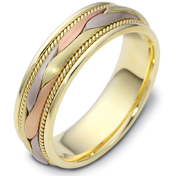 Item # 47567 - 14kt Tri-color gold handcrafted, comfort fit, 6.5mm wide wedding band. The ring has a beautiful hand crafted braid in the center that has a matte finish. Next to the hand crafted braid is one rope on each side. Different finishes may be selected or specified. 