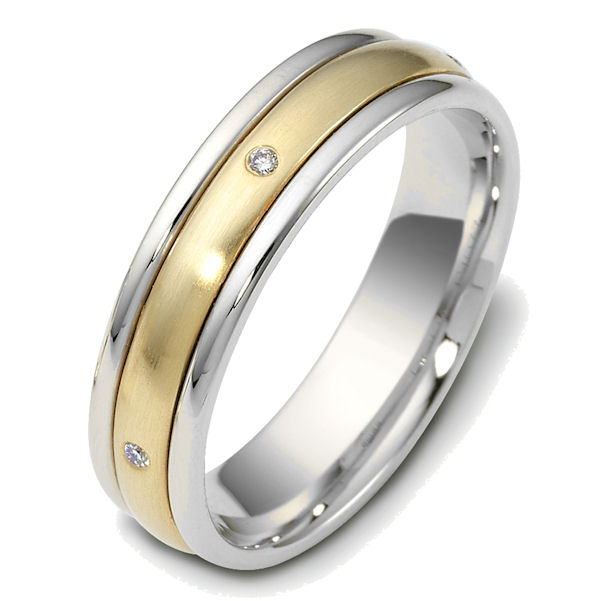 Item # 47655E - 18kt Two-tone gold diamond spinning, comfort fit, 5.0mm wide wedding band. The ring has 0.025 ct tw diamonds that are VS1-2 in clarity and G-H in color. There are 5 round brilliant cut diamonds, each measures 0.005 ct. The center portion of the ring rotates and has a matte finish. The edges are polished. Different finishes may be selected or specified. 