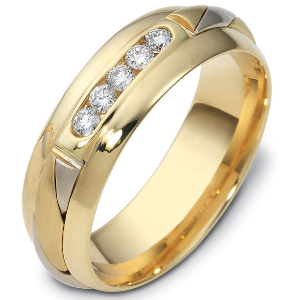 Item # 47761 - 14kt Two-tone gold diamond, comfort fit, 7.0mm wide wedding band. The ring has 5 brilliant cut diamonds that are 0.22 ct tw. Each diamond is approximately 0.04 ct, VS1-2 in clarity and G-H in color. It is 7.0mm wide and comfort fit. 