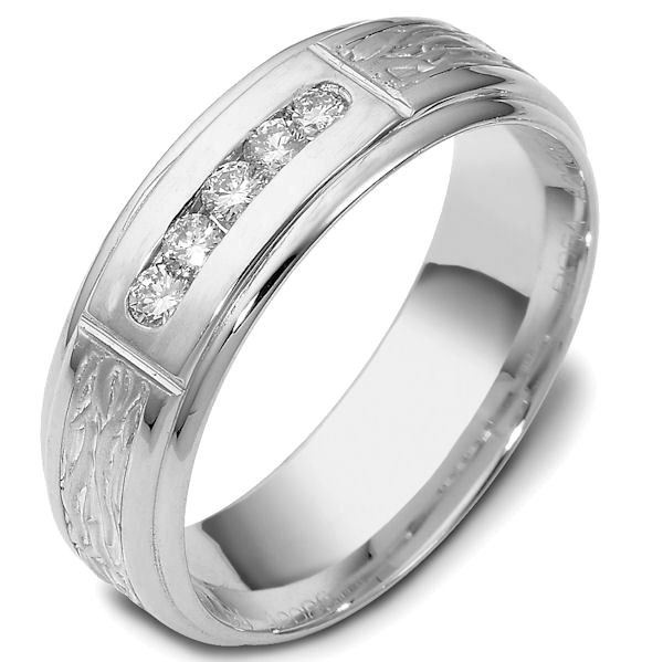 Item # 47764WE - 18kt White gold diamond, comfort fit, 7.0mm wide wedding band. The ring has 5 brilliant cut diamonds that are 0.22 ct tw. Each diamond is approximately 0.04 ct, VS1-2 in clarity and G-H in color. It is 7.0mm wide and comfort fit. 
