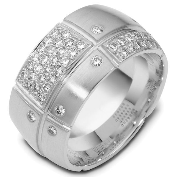 Item # 47777PD - Palladium diamond, comfort fit, 12.0mm wide wedding band. The ring has 0.63 ct tw diamonds, VS1-2 in clarity and G-H in color. There are about 16 round brilliant cut diamonds, each measures about 0.015 ct and about 39 round brilliant cut diamonds, each measures 0.01ct with a total number of 55 round brilliant cut diamonds around the whole band. The ring is 12.0mm wide, comfort fit, and has a matte finish. 