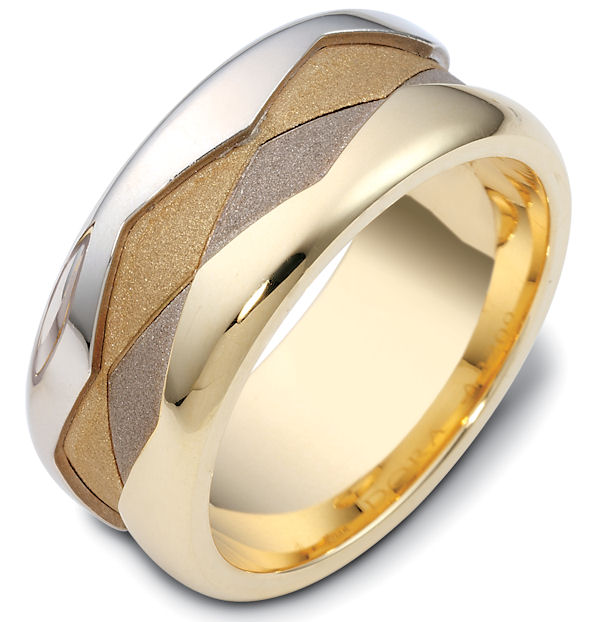 Item # 47887 - 14kt Two-tone gold, comfort fit, 9.0mm wide wedding band. The ring has a sandblast finish in the center and high polish on the edges. It is 9.0mm wide and comfort fit. 