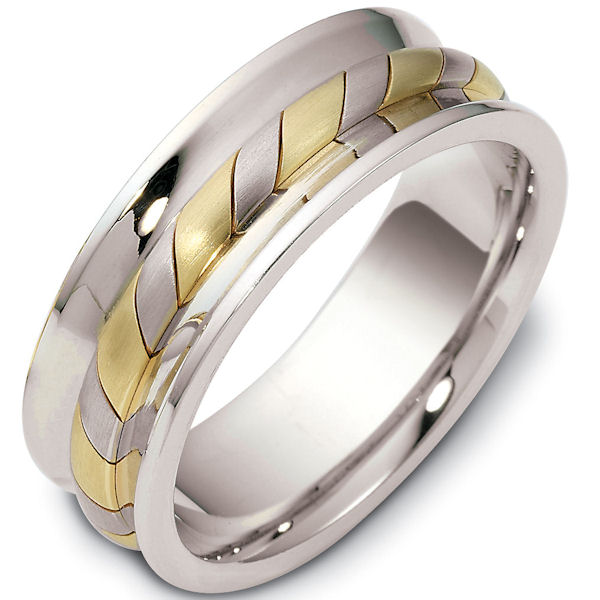 Item # 47902 - 14kt Two-tone gold contemporary, comfort fit, 7.5mm wide wedding band. The ring has a beautiful handcrafted rope style pattern in the center of the band that is a matte finish. The rest of the band has a polished finish. Different finishes may be selected or specified. 