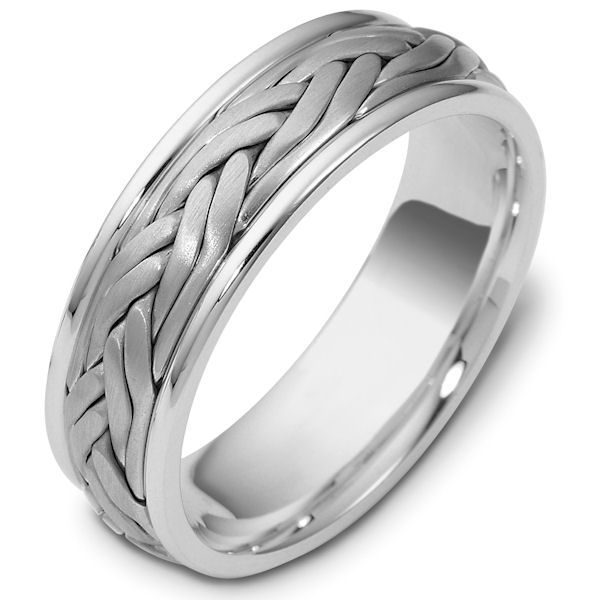 Item # 47923NWE - 18kt White gold handcrafted, comfort fit, 7.0mm wide wedding band. The ring has a beautiful hand crafted braid in the center that has a matte finish. The edges are polished. Different finishes may be selected or specified. 