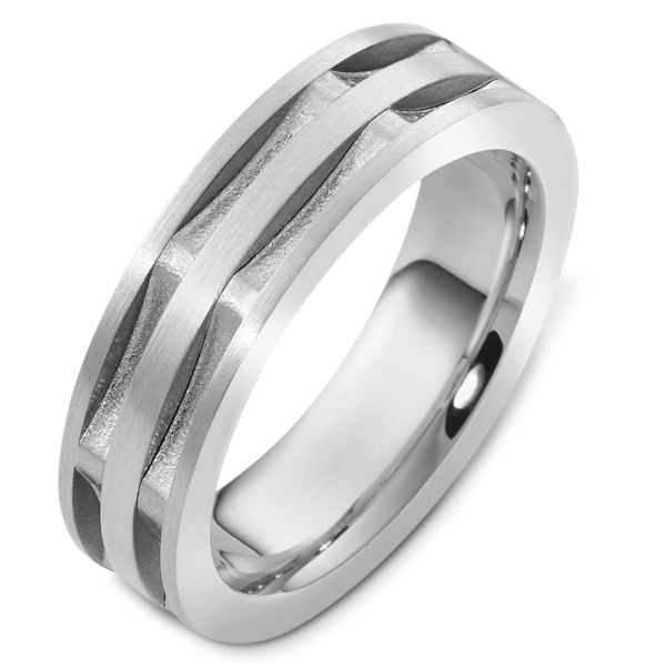 Item # 47997NWE - 18kt White gold contemporary, comfort fit, 6.5mm wide wedding band. The ring has a mix of matte and sandblast finish. In the grooves, the ring has a sandblast finish. The rest is matte. It is 6.5mm wide and comfort fit. 