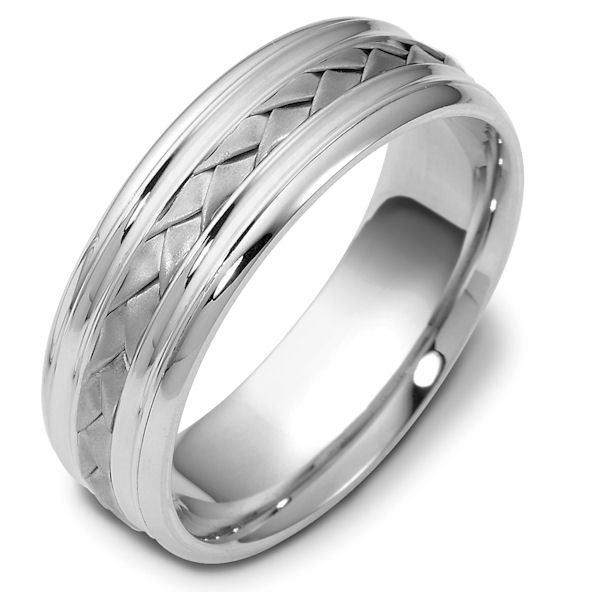 Item # 48031WE - 18kt White gold handcrafted, comfort fit, 7.0mm wide wedding band. The ring has a beautiful hand crafted braid in the center that has a matte finish. The rest of the band is polished. Different finishes may be selected or specified. 