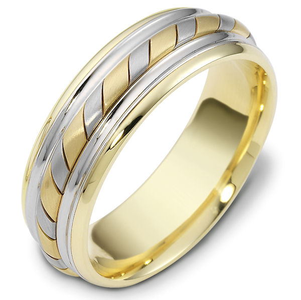 Item # 48033E - 18kt Two-tone gold handcrafted, comfort fit, 7.0mm wide wedding band. The ring has a beautiful hand crafted rope in the center that has a matte finish. The rest of the band has a polished finish. Different finishes may be selected or specified. 
