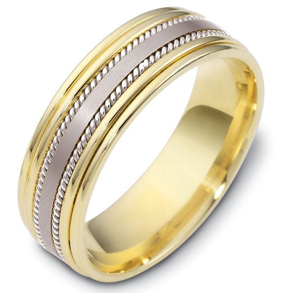 Item # 48038 - 14kt Two-tone gold classic, comfort fit, 7.0mm wide wedding band. The ring has a mix of handcrafted ropes and classic style. The center portion has a matte finish and the rest of the band has a polished finish. Different finishes may be selected or specified. 