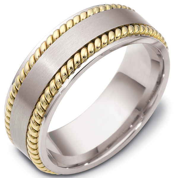 Item # 48039NE - 18kt Two-tone gold classic, comfort fit, 8.0mm wide wedding band. The ring has a mix of hand crafted and classic styles. There are two ropes beauitfully handcrafted. The center of the ring has a matte finish and the rest of the ring has a polished finish. Different finishes may be selected or specified. 