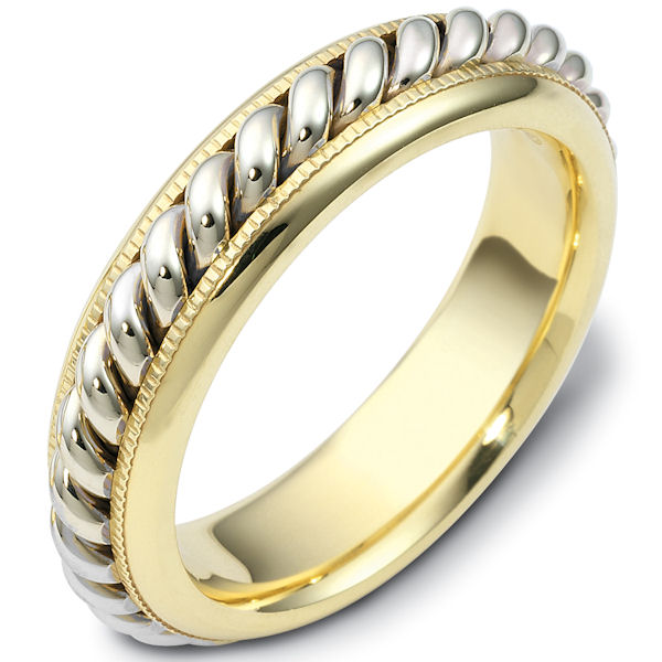 Item # 48040E - 18kt Two-tone gold handcrafted, comfort fit, 6.0mm wide wedding band. There is one hand crafted rope in the center that has a polished finish. The whole ring is polished. Different finishes may be selected or specified. 