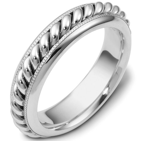 Item # 48040W - 14kt White gold handcrafted, comfort fit, 6.0mm wide wedding band. There is one hand crafted rope in the center that has a polished finish. The whole ring is polished. Different finishes may be selected or specified. 