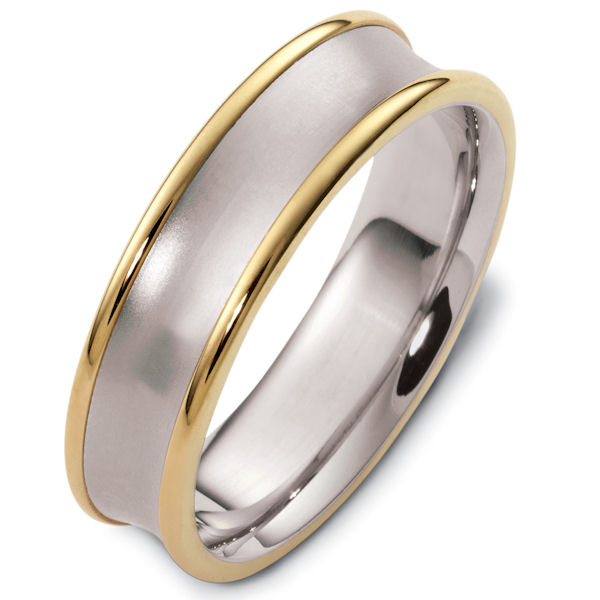 Item # 48079E - 18kt Two-tone gold classic, comfort fit, 6.0mm wide wedding band. The center of the ring is dipped inward and has a matte finish. The edges are polished. Different finishes may be selected or specified. 