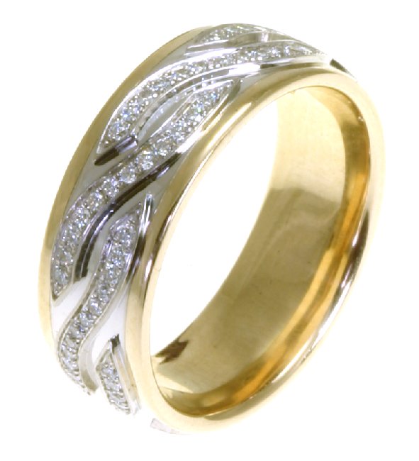 Item # 48164NE - 18kt Two-tone gold diamond, comfort fit, 7.0mm wide wedding band. The diamonds are approximately 0.44 ct tw, VS1-2 in clarity and G-H in color. There are about 96 brilliant round cut diamonds and each measures about 0.005 ct. It is 7.0mm wide and comfort fit. 