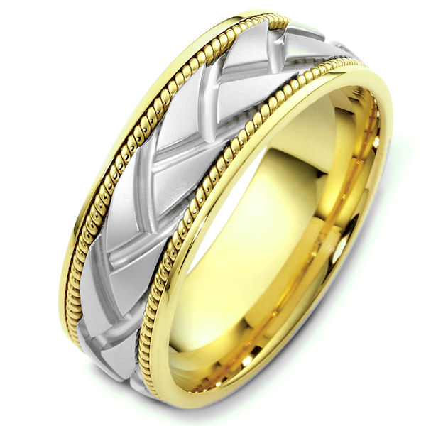 Item # 48237E - 18kt Two-tone gold handcrafted, carved, comfort fit, 8.0mm wide wedding band. The center of the ring is carved and one hand crafted rope on each side of the carving. It is 8.0mm wide and comfort fit.