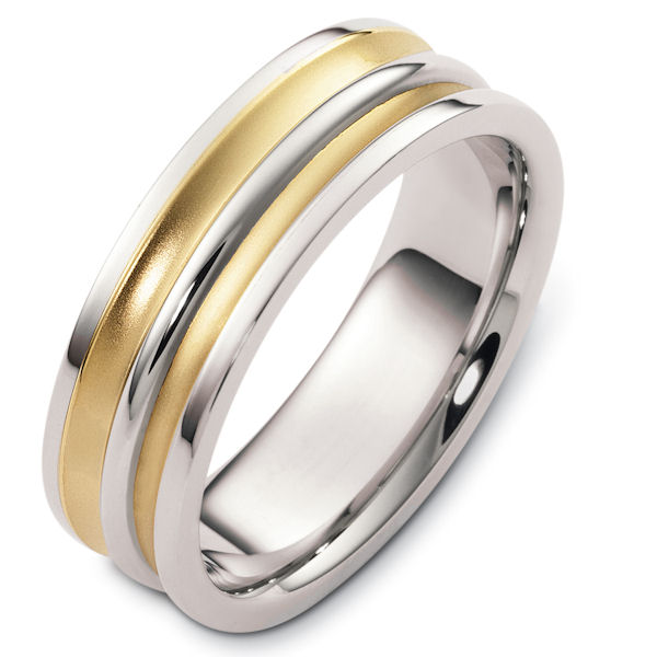 Item # 48254E - 18kt Two-tone gold classic, comfort fit, 7.0mm wide wedding band. The grooves in the ring have a sandblast finish and the rest of the ring are polished. Different finishes may be selected or specified. 