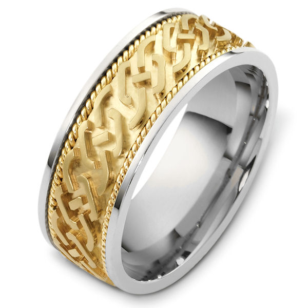 Item # 48263 - 14kt Two-tone gold carved, comfort fit, 8.0mm wide wedding band. The center of the ring is carved with a matte finish. There is one hand crafted rope on each side of the carving. It is 8.0mm wide and comfort fit. 