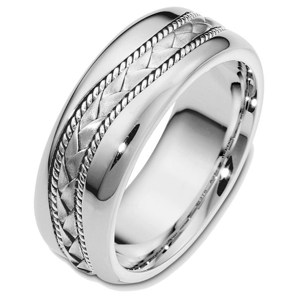 Item # 48420WE - 18kt White gold handcrafted, comfort fit, 8.0mm wide wedding band. The center of the ring has a hand crafted braid and ropes all with a matte finish. The rest of the band is high polished. It is 8.0mm wide and comfort fit. 