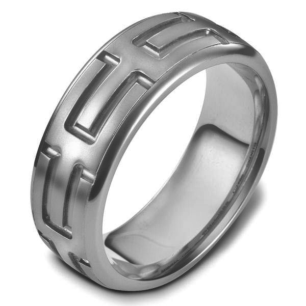 Item # 48444TI - Titanium carved, comfort fit, 8.0mm wide wedding band. The ring has a beautiful carved pattern around the whole band. The center portion is a matte finish and the edges are polished. It is 8.0mm wide and comfort fit. 