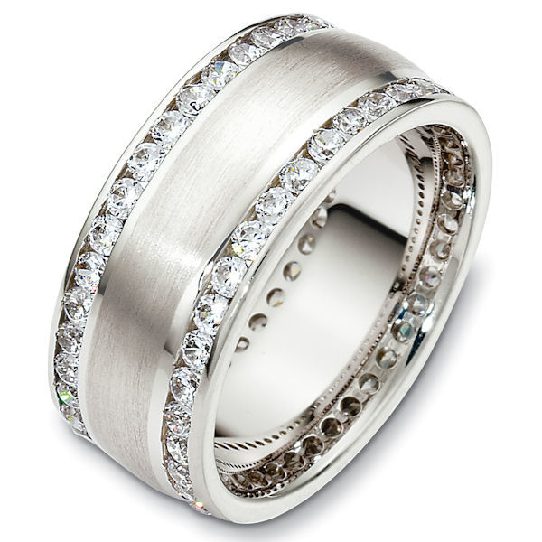 Item # 48488PD - Palladium diamond eternity, comfort fit, 8.5mm wide wedding band. The ring has approximately 1.90 ct tw diamonds, VS1-2 in clarity and G-H in color. There are about 76 round brilliant cut diamonds, each measures 0.025 ct. The number of stones may vary depending on the size of the ring. Larger rings will have more stones and diamond weight. Smaller rings will have less stones and diamond weight. The ring has a matte finish. Different finishes may be selected. It is 8.5mm wide and comfort fit. 