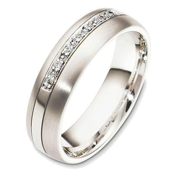 Item # 48506PD - Palladium offset diamond, comfort fit, 6.0mm wide wedding band. The ring holds 0.04 ct tw diamonds that are VS1-2 in clarity and G-H in color. There are 7 round brilliant cut diamonds, each measures 0.005 ct. The center of the ring has a polished finish and the edges are matte. Different finishes may be selected. The ring is 6.0mm wide and comfort fit. 