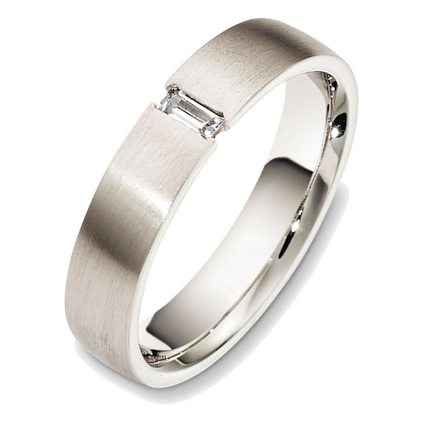 Item # 48519W - 14kt White gold diamond, comfort fit, 5.0mm wide wedding band. The ring holds one straight baguette cut diamond that measures 0.15 ct and has VS1-2 in clarity and G-H in color. The ring is all matte finish. Different finishes may be selected. 