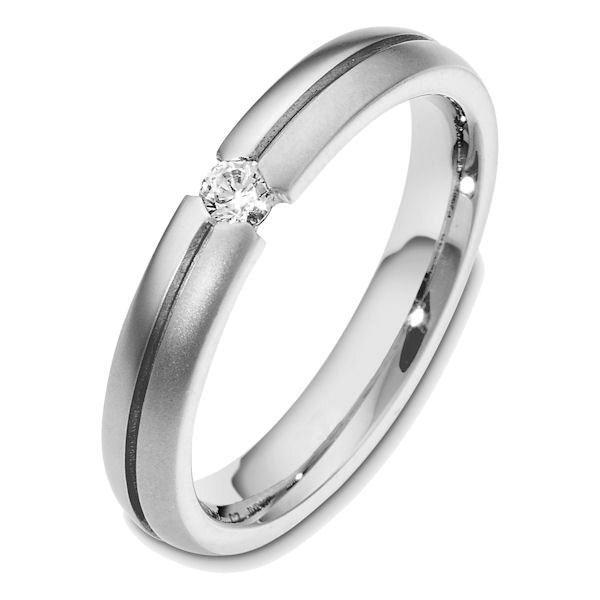 Item # 48580WE - 18kt White gold diamond, comfort fit, 4.0mm wide wedding band. The ring holds one round brilliant cut diamond that is 0.18 ct, VS1-2 in clarity and G-H in color. The ring has a matte finish. Different finishes may be selected or specified. 