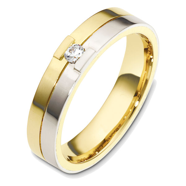 Item # 48620 - 14kt Two-tone gold diamond, comfort fit, 5.0mm wide wedding band. The ring holds one round brilliant cut diamond that is 0.08 ct, VS1-2 in clarity and G-H in color. The ring is polished finish. Different finishes may be selected. 