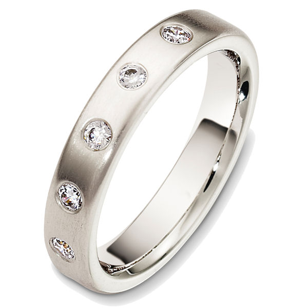 Item # 48711WE - 18kt White gold diamond, comfort fit, 4.0mm wide wedding band. The diamonds are 0.20 ct tw, VS1-2 in clarity and G-H in color. There are about 5 round brilliant cut diamonds, each measures 0.04 ct. The ring has a matte finish. Different finishes may be selected. 
