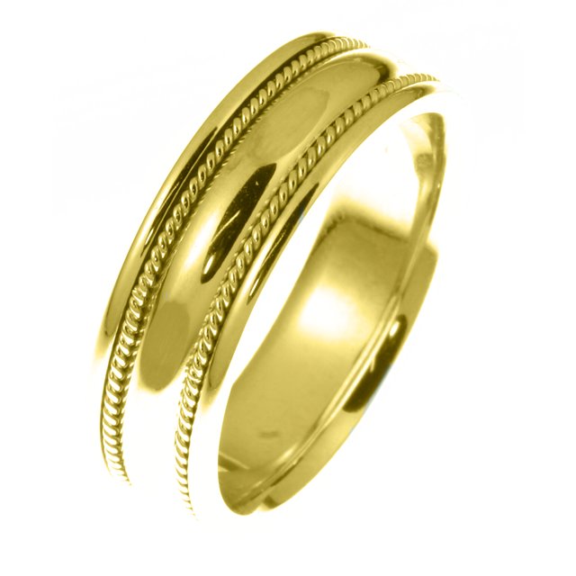 Item # 49012 - 14kt Yellow gold handcrafted, comfort fit, 7.0mm wide wedding band. The ring has a beautiful design with a handcrafted rope on each side. The ring has a polished finish. Different finishes may be selected or specified. 
