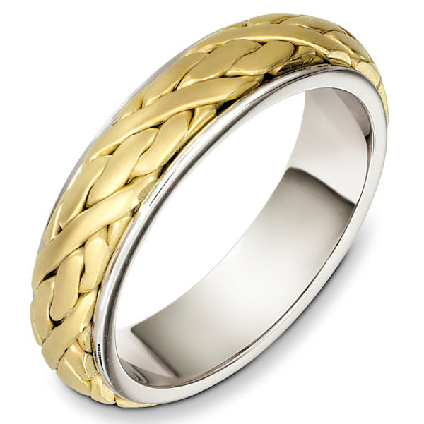 Item # 49054E - 18kt Two-tone gold handcrafted, comfort fit, 6.0mm wide wedding band. The ring has a beautiful handcrafted braid in the center that has a matte finish. Different finishes may be selected or specified. 