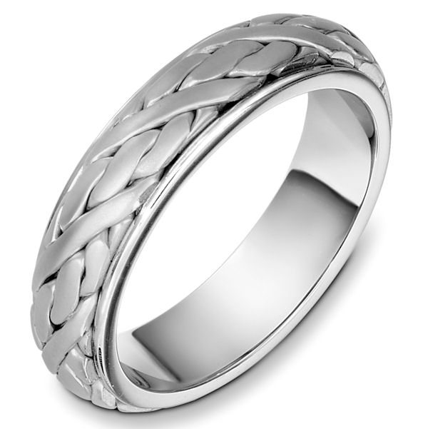 Item # 49054WE - 18kt White gold handcrafted, comfort fit, 6.0mm wide wedding band. The ring has a beautiful handcrafted braid in the center that has a matte finish. Different finishes may be selected or specified. 