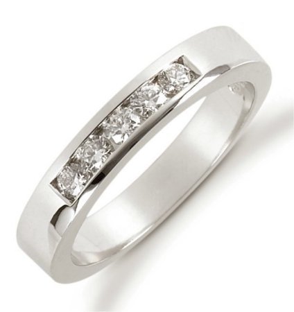 Item # 521235PD - Palladium anniversary band. The ring holds 5 round brilliant cut diamonds each measures 2.5 mm in size. The diamonds are approximately 0.25 ct tw, VS1-2 in clarity, very clean and G-H in color, near colorless to colorless. The diamonds are channel set.The band is about 3.0 mm wide. The finish is polished. Different finishes may be selected or specified.