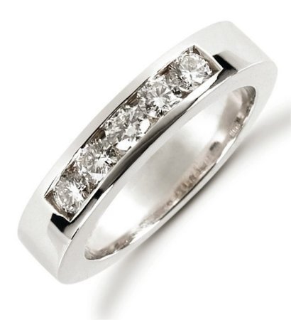 Item # 521255PD - Palladium anniversary band. The ring holds 5 round brilliant cut diamonds each measures 3.0 mm in size. The diamonds are approximately 0.50 ct tw, VS1-2 in clarity, very clean and G-H in color, near colorless to colorless. The diamonds are channel set. The band is about 4.0 mm wide. The finish is polished. Different finishes may be selected or specified.