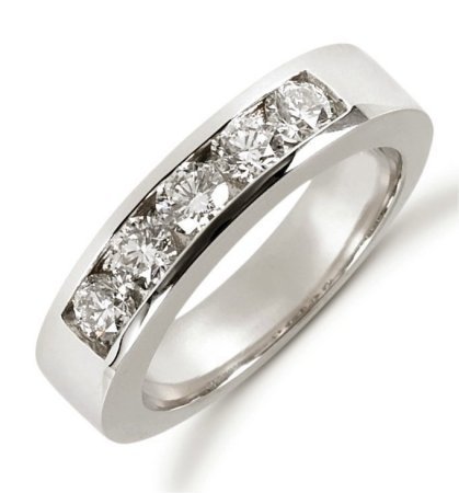 Item # 521265PP - Platinum anniversary band. The ring holds 5 round brilliant cut diamonds each measures 3.4 mm in size. The diamonds are approximately 0.75 ct tw, VS1-2 in clarity, very clean and G-H in color, near colorless to colorless. The diamonds are channel set. The band is about 4.5 mm wide. The finish is polished. Different finishes may be selected or specified.
