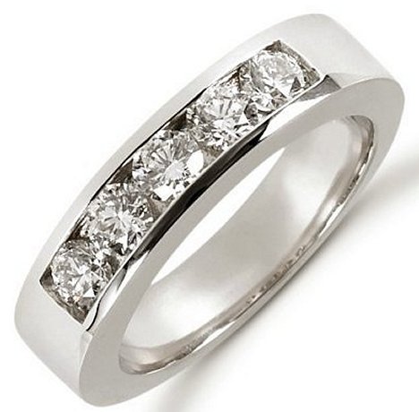 Item # 521266PD - Palladium anniversary band. The ring holds 5 round brilliant cut diamonds each measures 3.8 mm in size. The diamonds are approximately 1.00ct tw, VS1-2 in clarity, very clean and G-H in color, near colorless. The diamonds are channel set. The band is about 5.0 mm wide. The finish is polished. Different finishes may be selected or specified. 