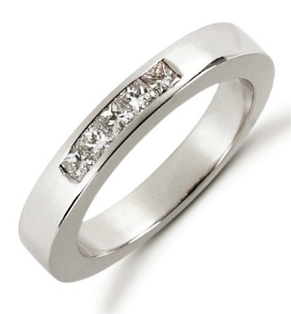 Item # 521395WE - 18Kt White gold anniversary band. The ring holds 5 princess cut diamonds each measures 2x2 mm in size. The diamonds are approximately 0.25 ct tw, VS1-2 in clarity, very clean and G-H in color, near colorless to colorless. The diamonds are set in a channel. The band is about 3.0 mm wide. The finish is polished. Different finishes may be selected or specified. 